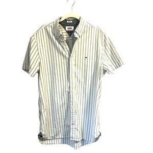 Vintage Tommy Jeans Cotton White w/Green Stripes Short Sleeves Men's Shirt sz. M